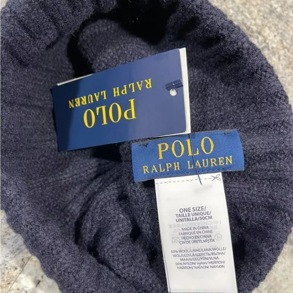 Men’s Polo Ralph Lauren Navy Blue Wool Red Pony Logo Ribbed Cuffed Beanie